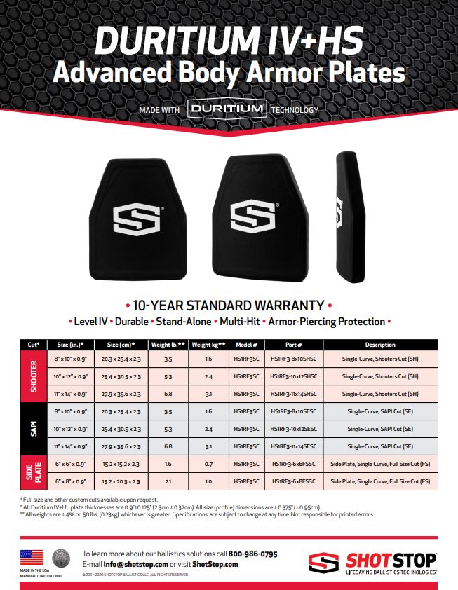 Duritium® IV+HS - Level IV Body Armor – ShotStop Ballistics