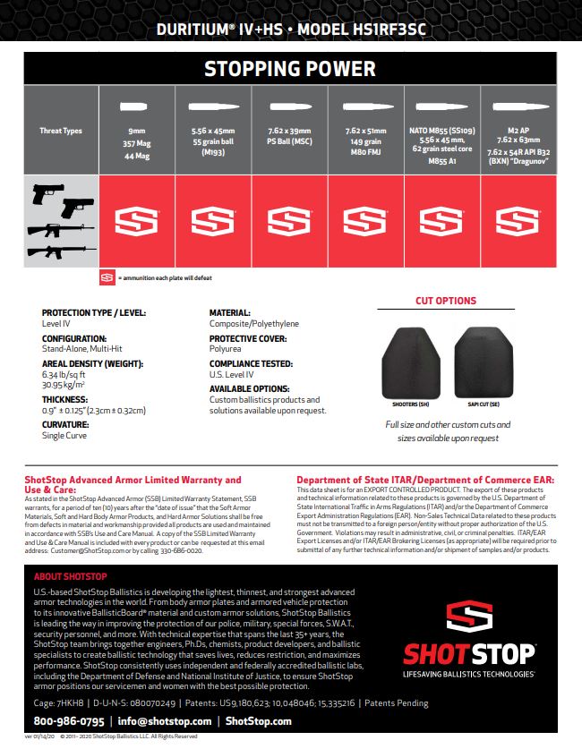 Duritium® IV+HS - Level IV Body Armor – ShotStop Ballistics